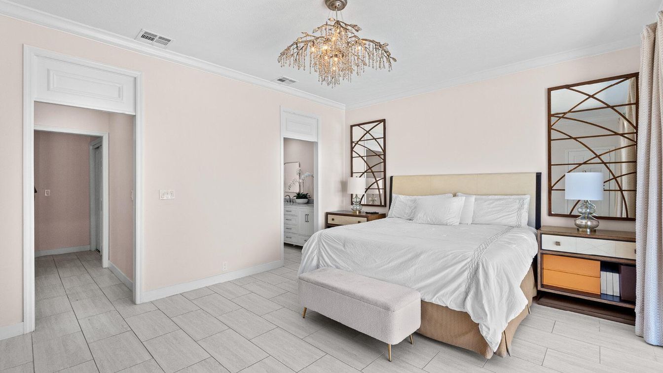Bedroom, Chandelier, Interior, Wood Texture Flooring