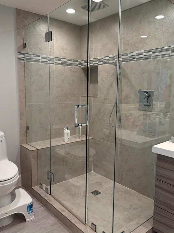 Bathroom, Glass Shower, Interior, Recessed Lighting, Wood Texture Flooring