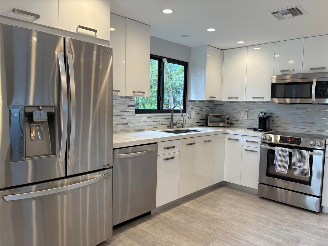 Interior, Kitchen, Recessed Lighting, Stainless Steel Appliances, Wood Texture Flooring