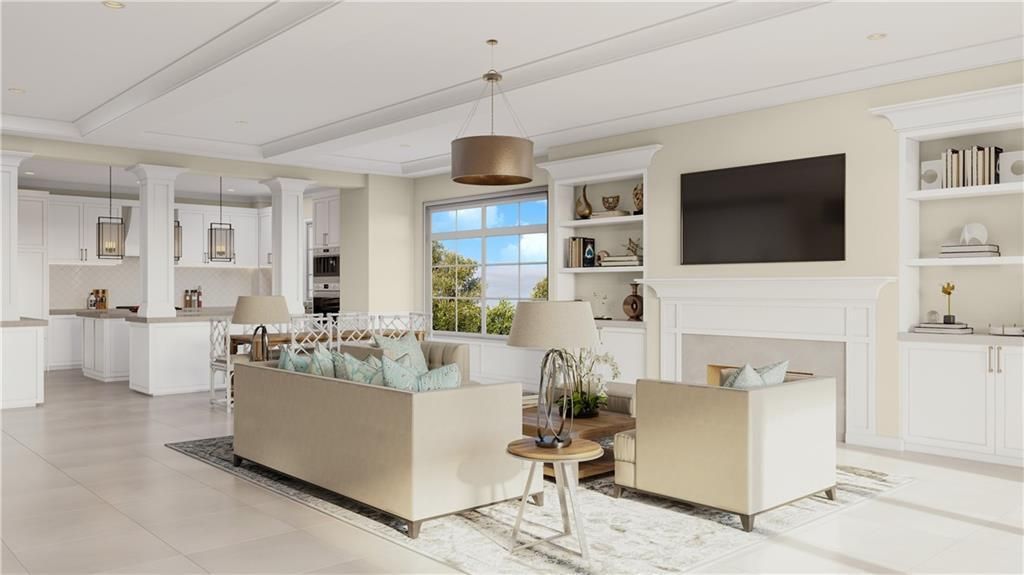 Fireplace, Interior, Kitchen, Living room, Pendant Lights, Recessed Lighting