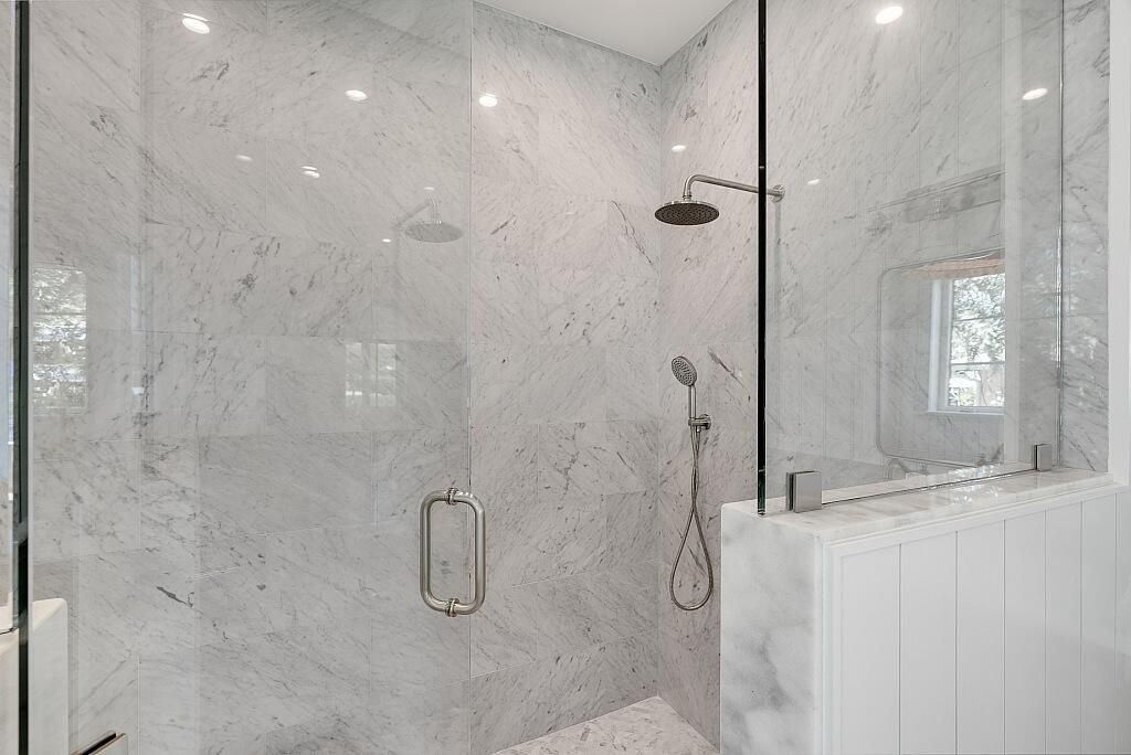 Bathroom, Glass Shower, Interior, Marble Walls, Recessed Lighting