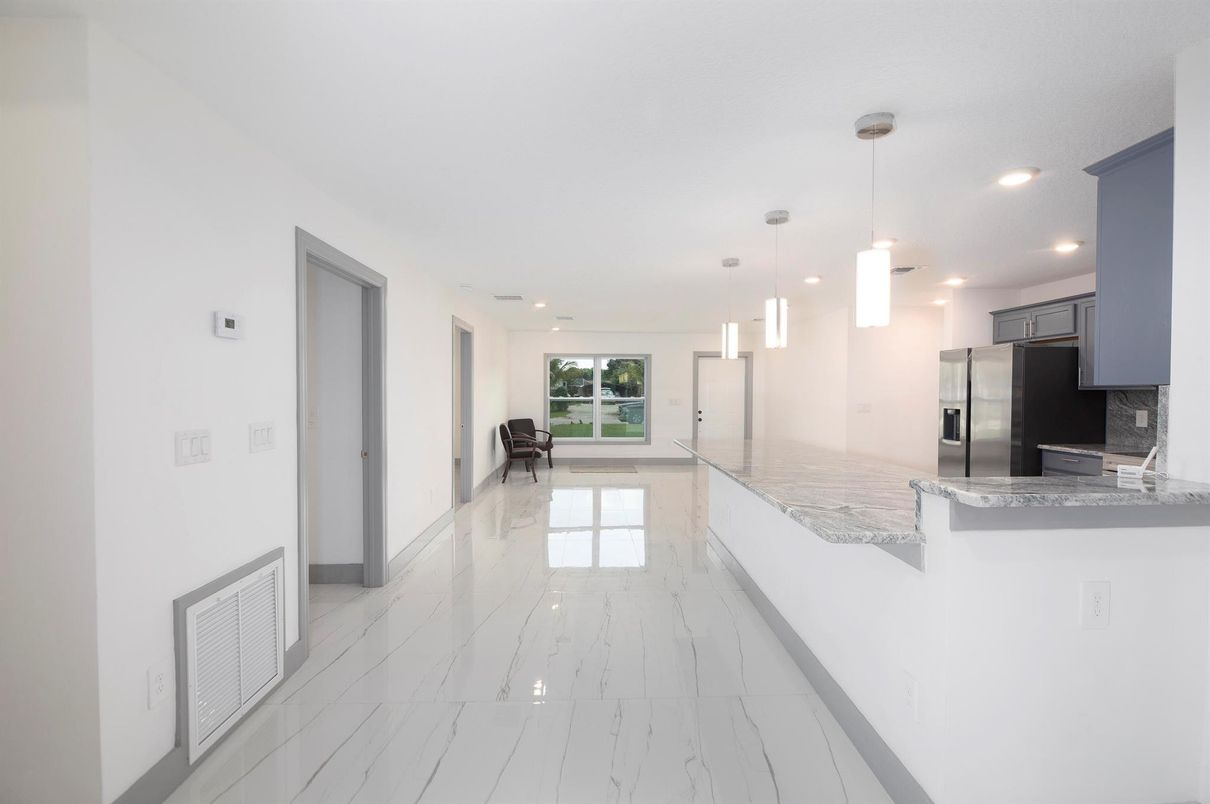 Interior, Kitchen, Marble, Pendant Lights, Recessed Lighting, Stainless Steel Appliances
