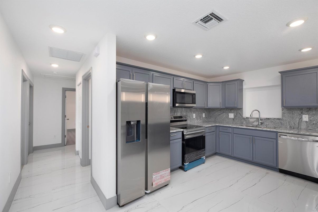 Interior, Kitchen, Marble, Recessed Lighting, Stainless Steel Appliances