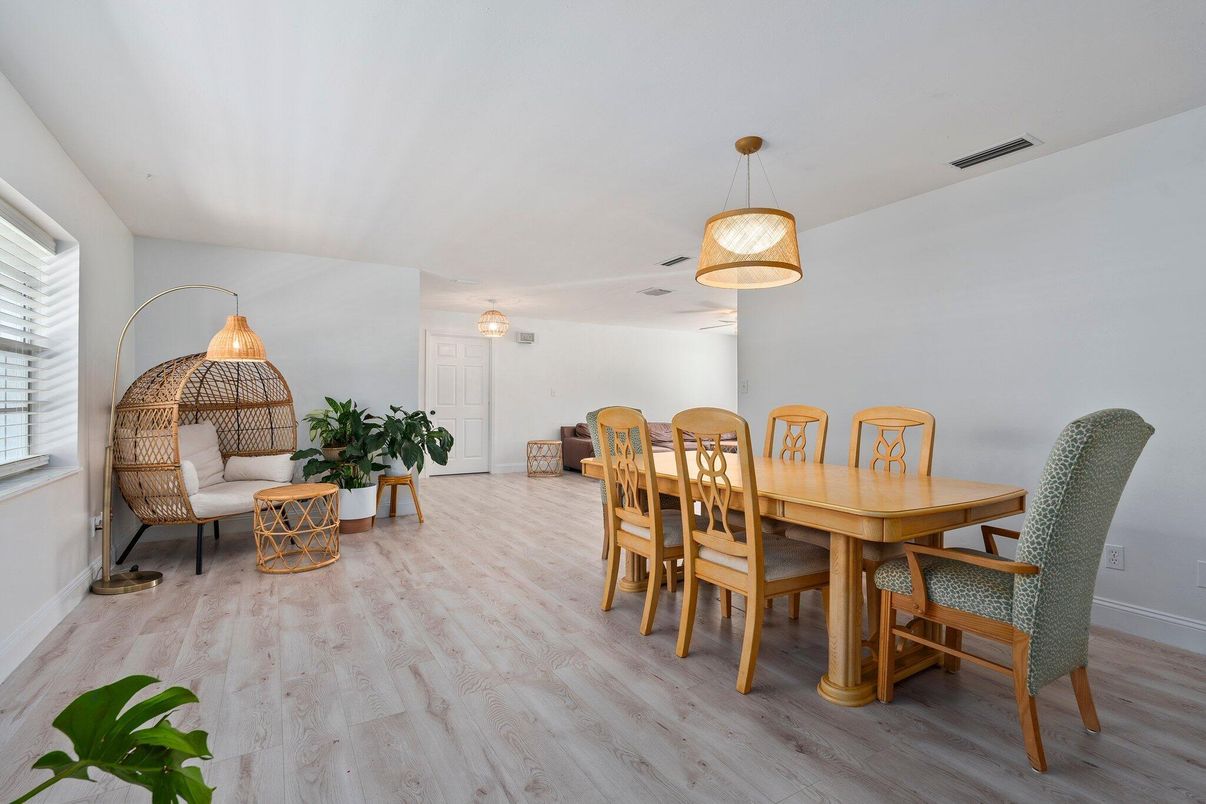 Dining room, Interior, Pendant Lights, Wood Texture Flooring