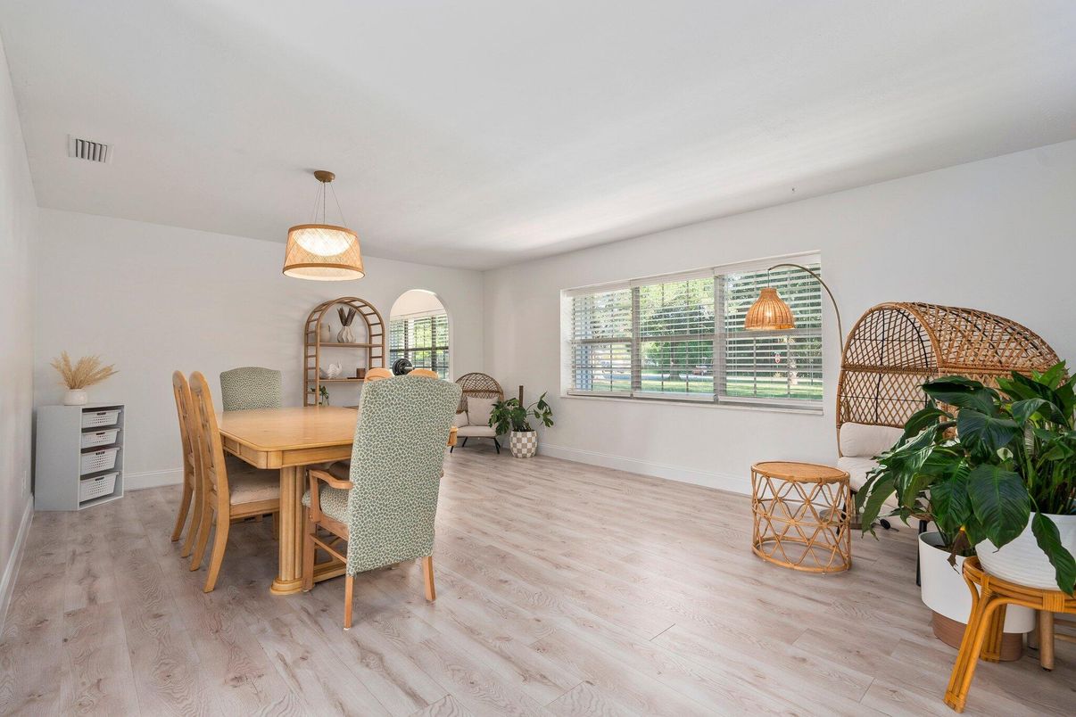 Dining room, Interior, Pendant Lights, Wood Texture Flooring