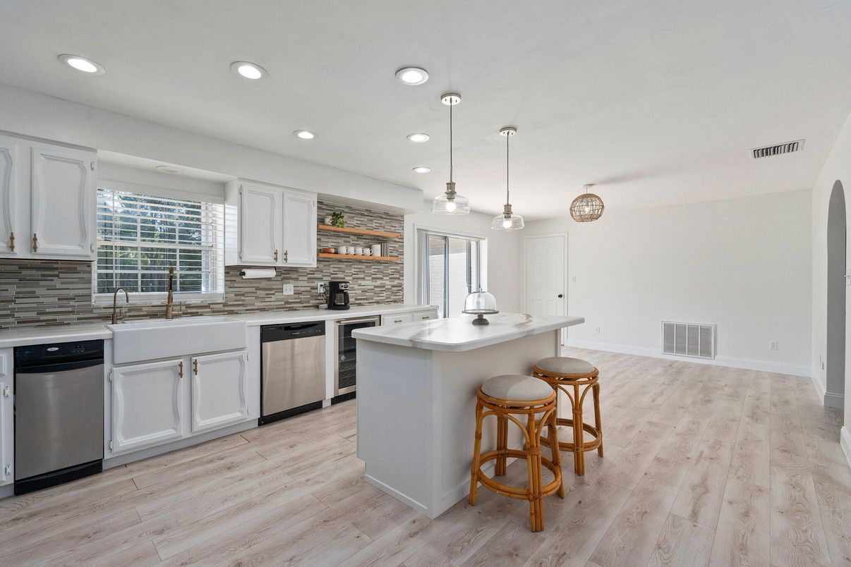 Interior, Kitchen, Pendant Lights, Recessed Lighting, Stainless Steel Appliances, Wood Texture Flooring