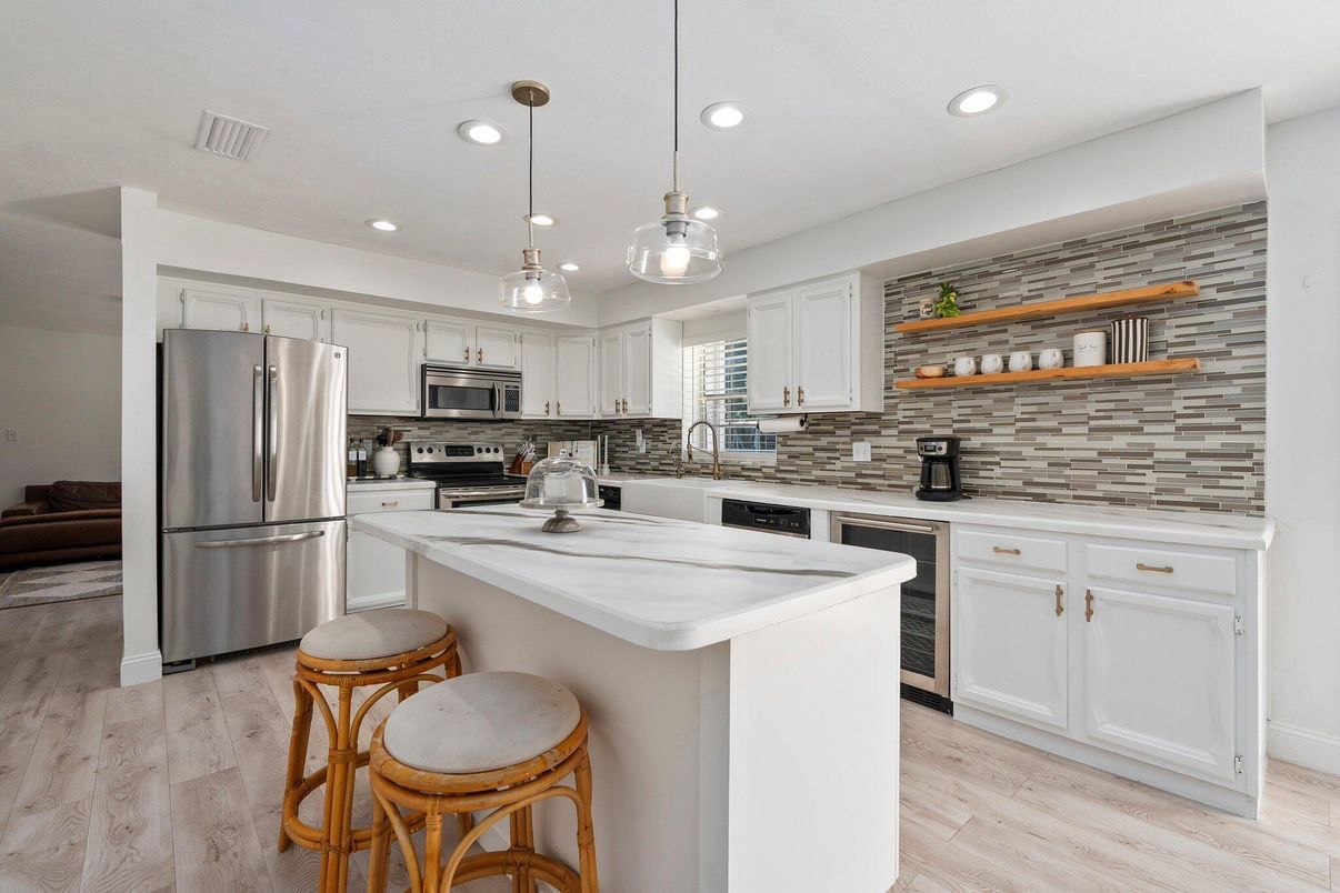 Interior, Kitchen, Pendant Lights, Recessed Lighting, Stainless Steel Appliances, Wood Texture Flooring