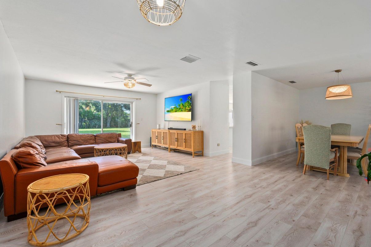 Dining room, Interior, Living room, Pendant Lights, Wood Texture Flooring