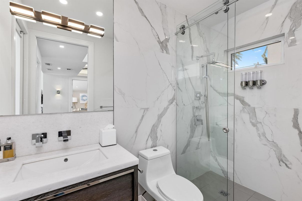 Bathroom, Glass Shower, Interior, Marble Walls, Recessed Lighting