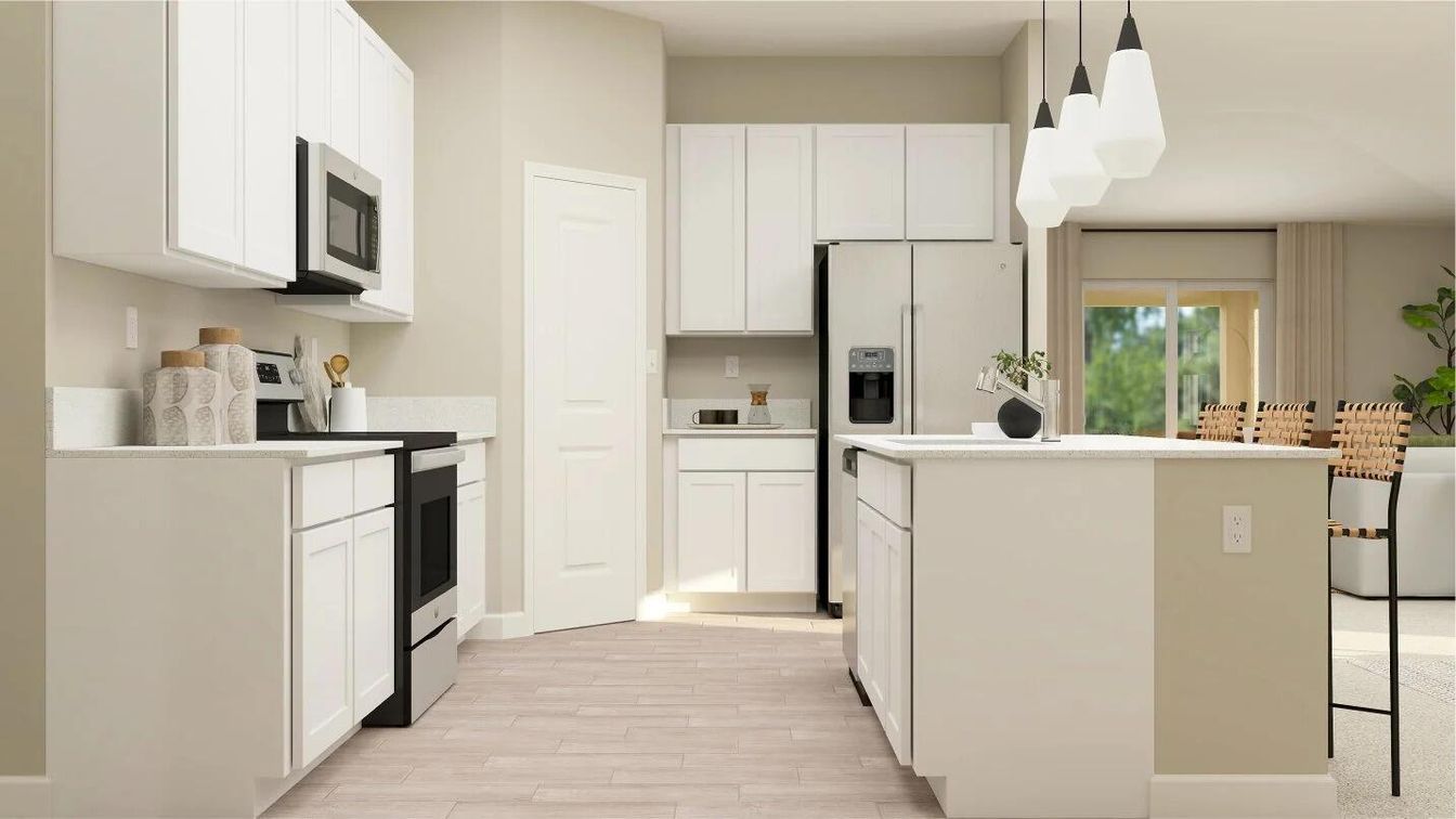 Interior, Kitchen, Pendant Lights, Wood Texture Flooring