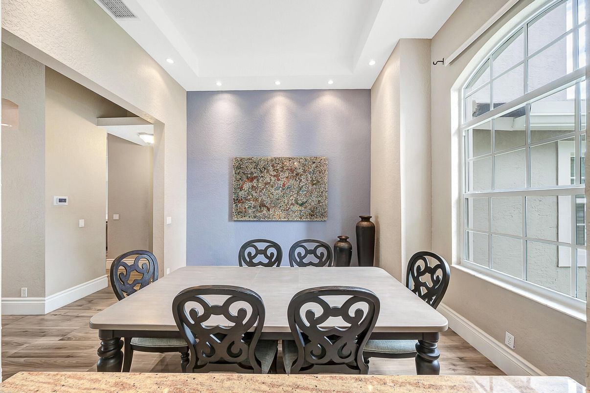 Dining room, Interior, Recessed Lighting, Wood Texture Flooring