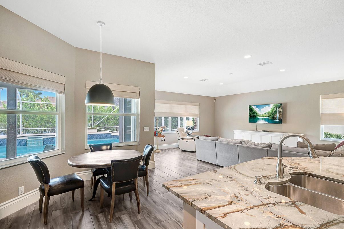 Dining room, Interior, Kitchen, Living room, Pendant Lights, Recessed Lighting, Wood Texture Flooring