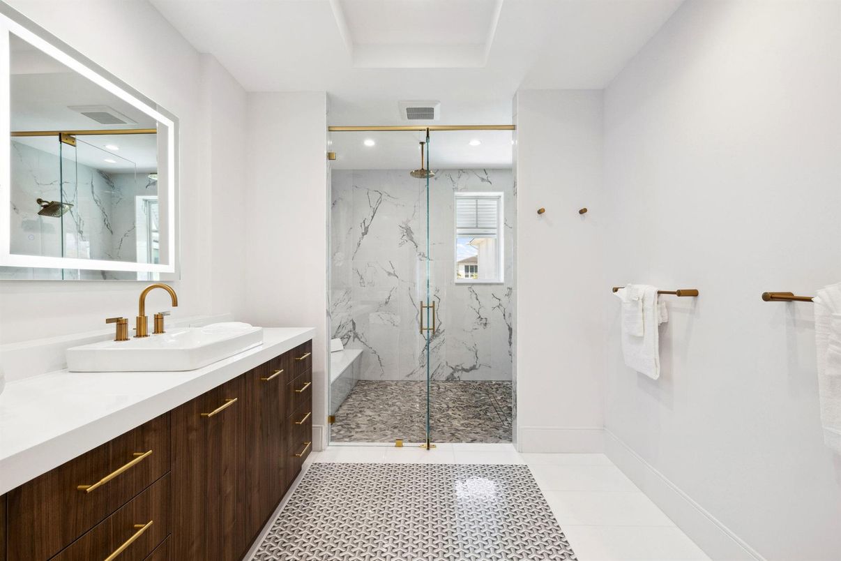 Bathroom, Glass Shower, Interior, Marble Walls, Recessed Lighting