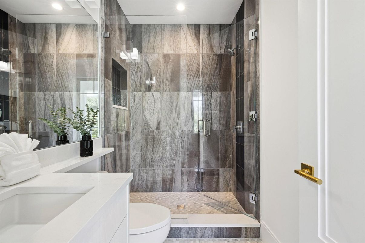 Bathroom, Glass Shower, Interior, Marble Walls, Recessed Lighting