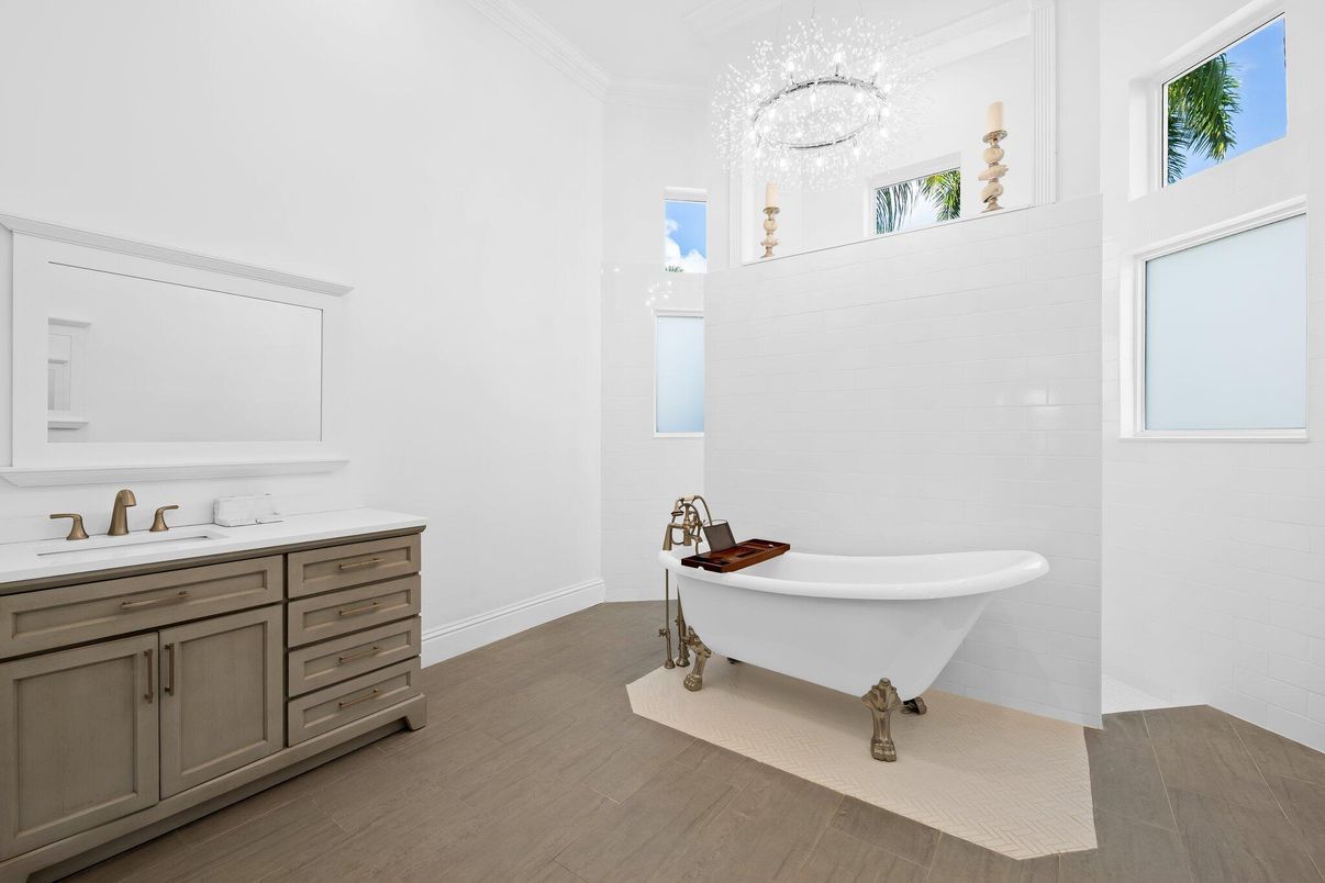 Bathroom, Chandelier, Free Standing Baths, Interior, Wood Texture Flooring