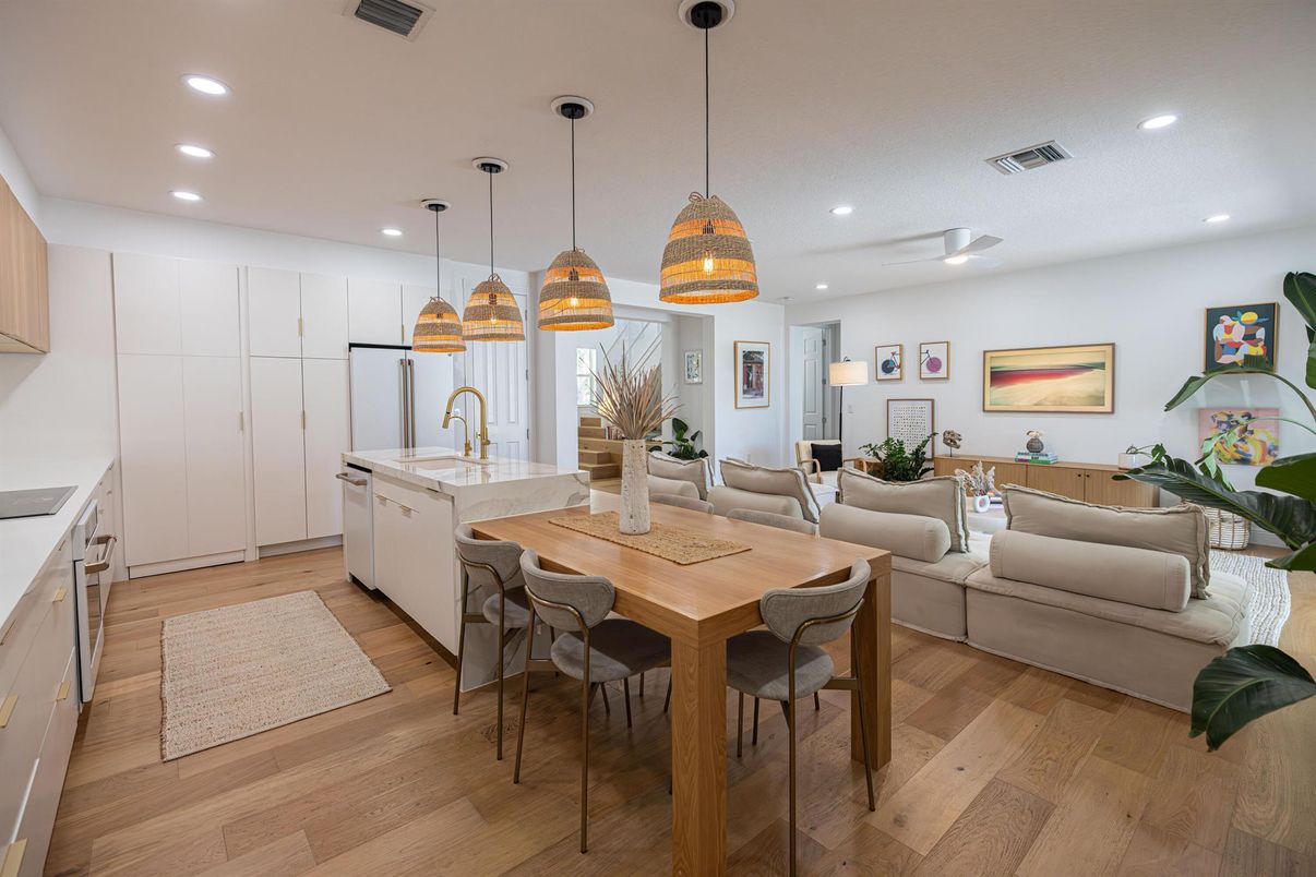 Dining room, Interior, Kitchen, Living room, Pendant Lights, Recessed Lighting, Wood Texture Flooring