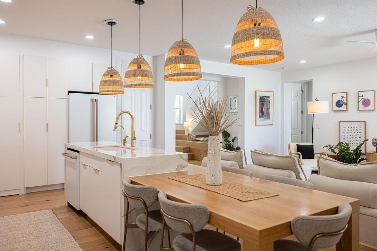 Dining room, Interior, Kitchen, Living room, Pendant Lights, Recessed Lighting, Wood Texture Flooring
