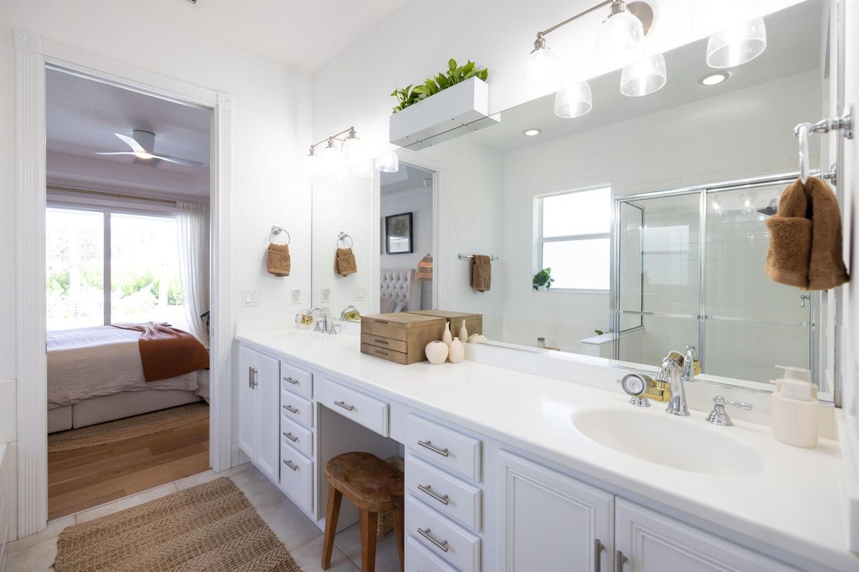 Bathroom, Bedroom, Dual Sink Vanities, Glass Shower, Interior, Wood Texture Flooring