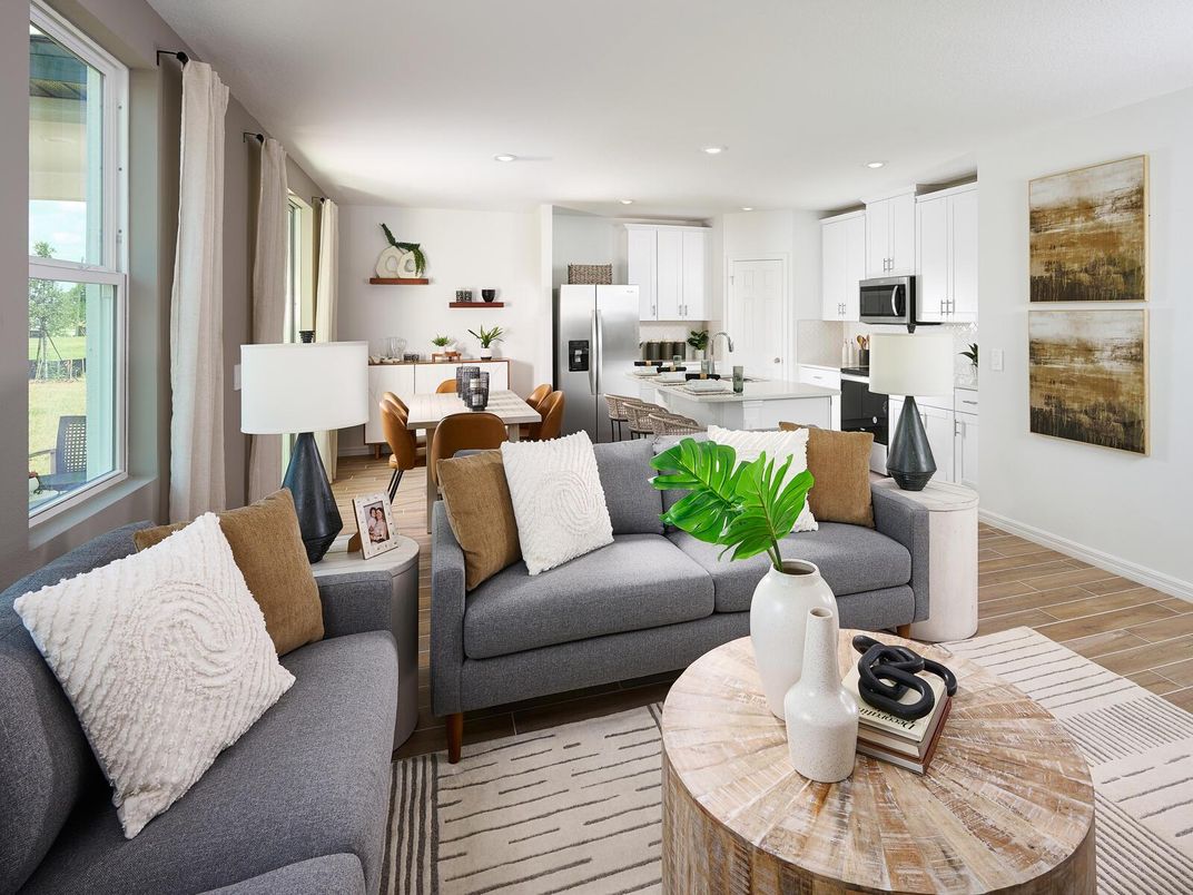 Dining room, Interior, Kitchen, Living room, Recessed Lighting, Stainless Steel Appliances, Wood Texture Flooring
