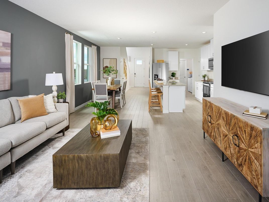 Dining room, Interior, Kitchen, Living room, Recessed Lighting, Wood Texture Flooring