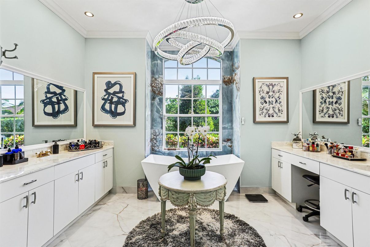 Bathroom, Dual Sink Vanities, Free Standing Baths, Interior, Marble, Recessed Lighting