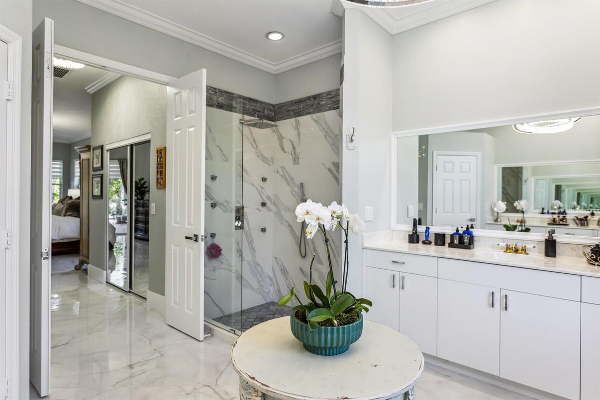 Bathroom, Glass Shower, Interior, Marble, Marble Walls, Recessed Lighting