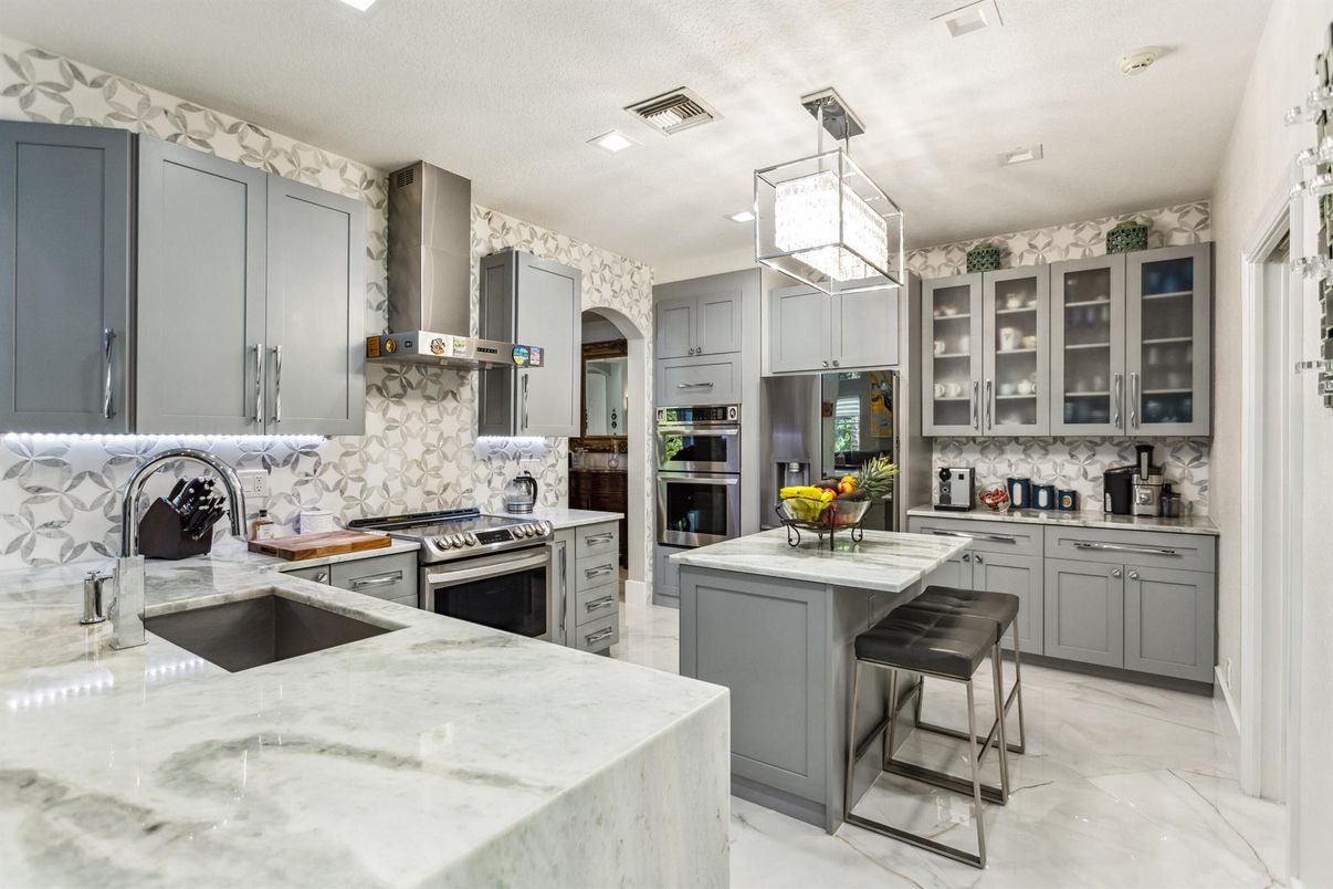 Interior, Kitchen, Marble, Pendant Lights, Recessed Lighting, Stainless Steel Appliances