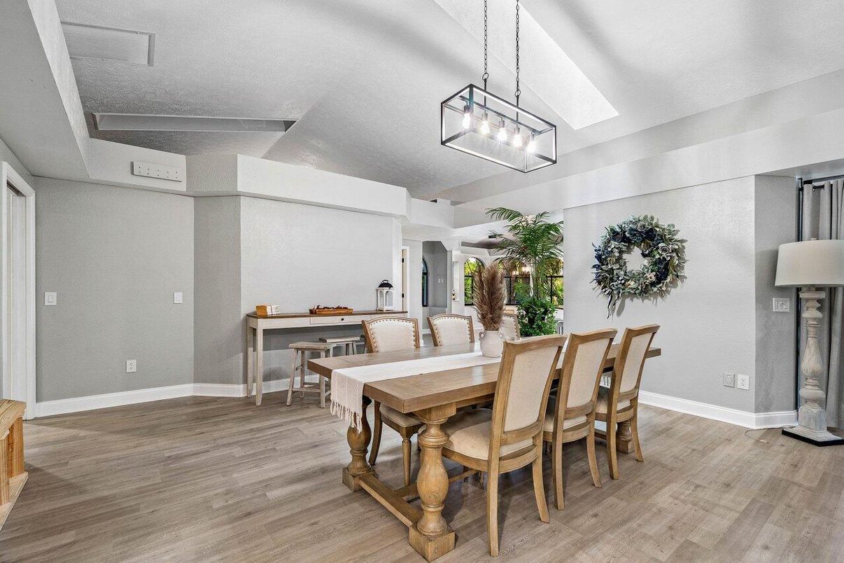 Dining room, Interior, Pendant Lights, Wood Texture Flooring