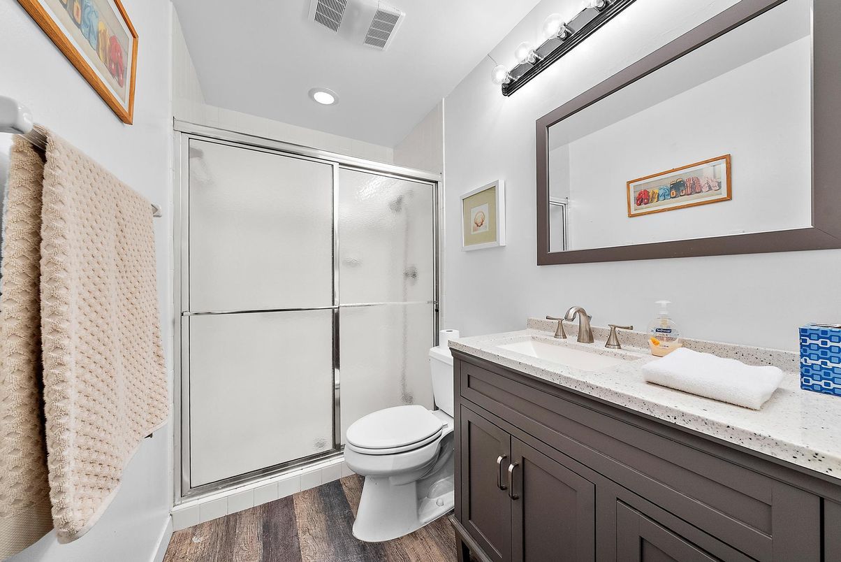 Bathroom, Glass Shower, Interior, Recessed Lighting, Wood Texture Flooring