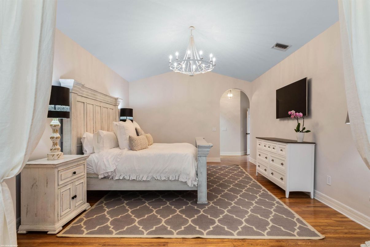Bedroom, Chandelier, Interior, Wood Texture Flooring