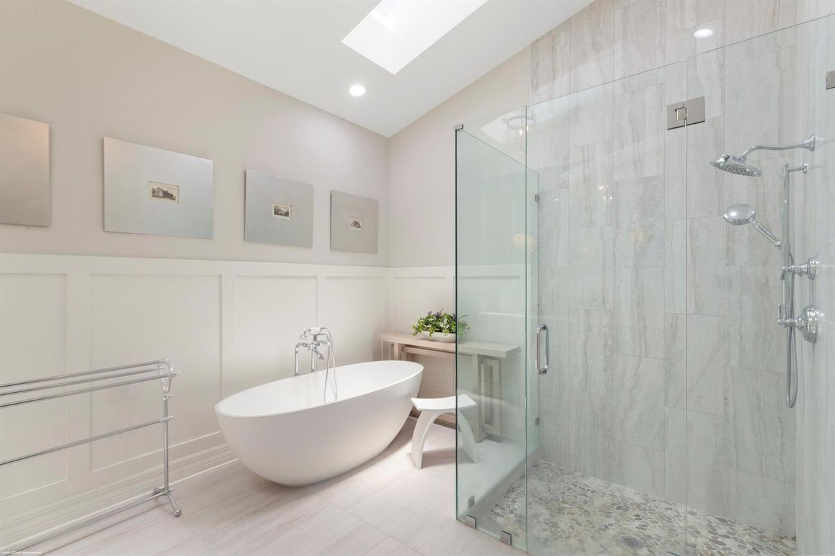 Bathroom, Free Standing Baths, Glass Shower, Interior, Marble Walls, Recessed Lighting