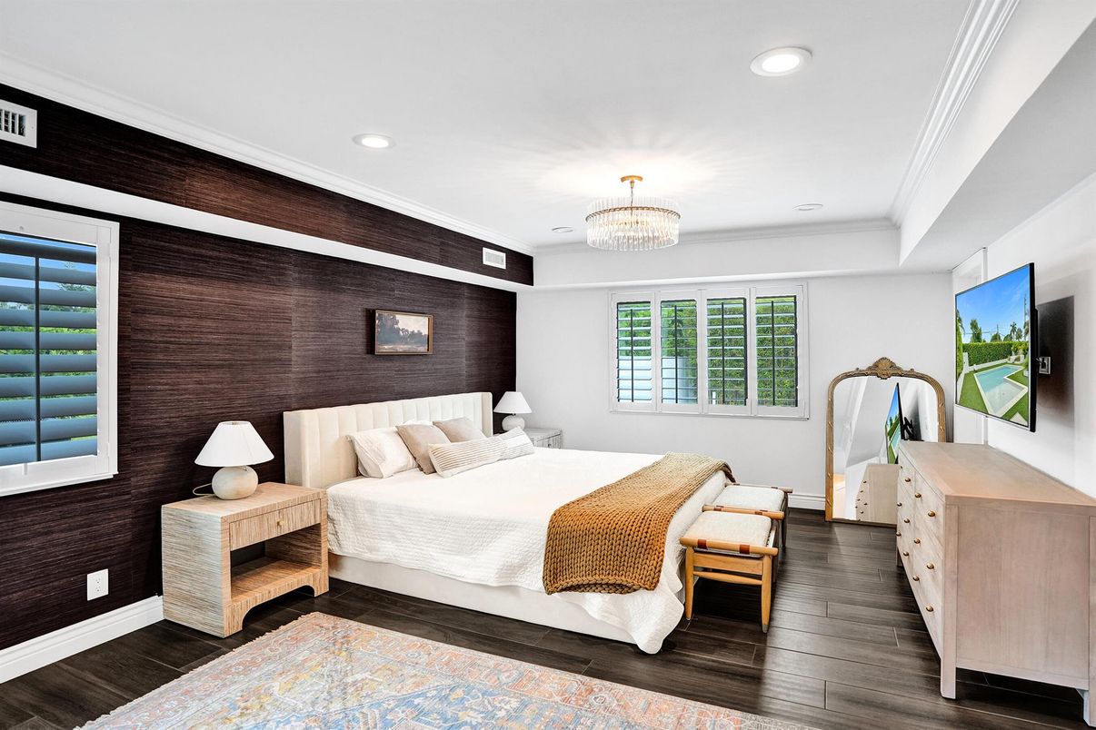 Bedroom, Chandelier, Interior, Recessed Lighting, Wood Texture Flooring