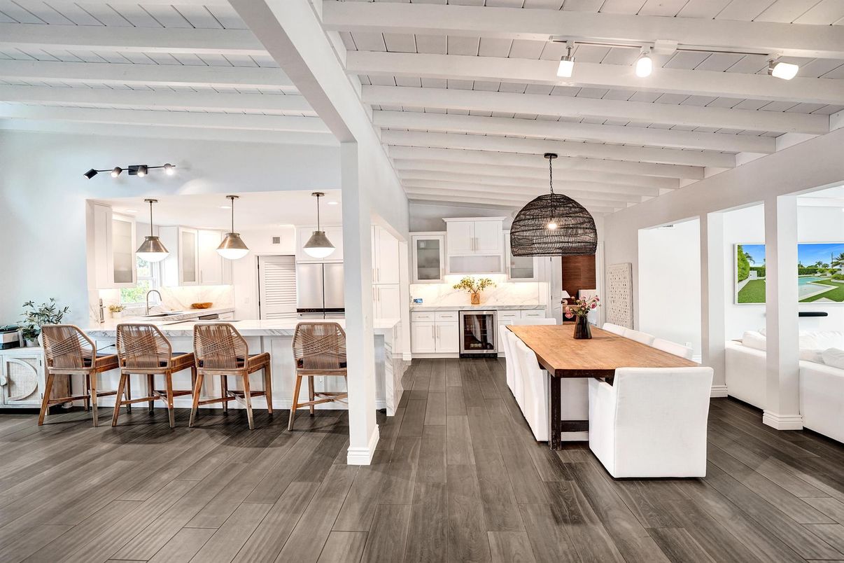 Interior, Kitchen, Pendant Lights, Water, Wood Texture Flooring