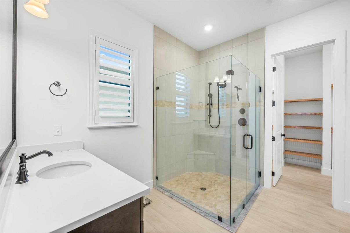 Bathroom, Glass Shower, Interior, Recessed Lighting, Wood Texture Flooring