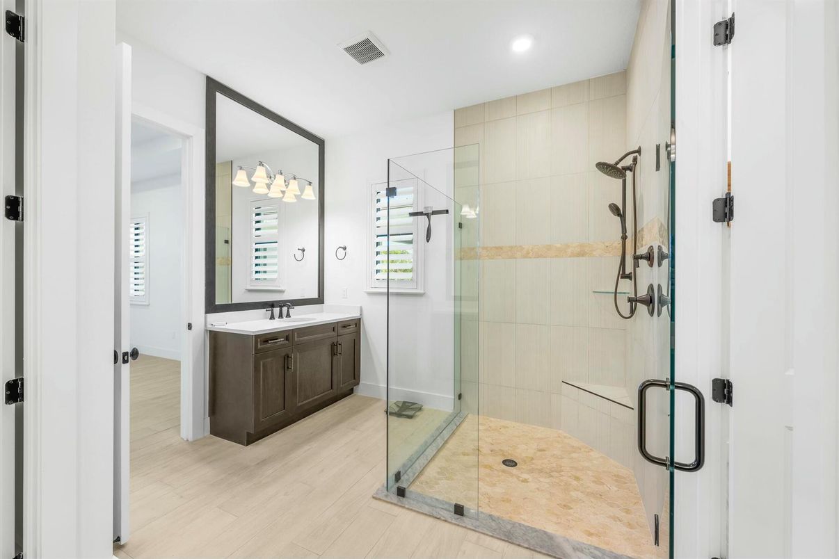 Bathroom, Glass Shower, Interior, Recessed Lighting, Wood Texture Flooring