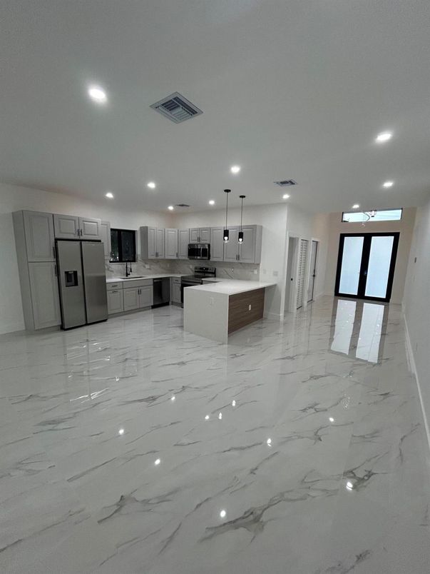Interior, Kitchen, Marble, Pendant Lights, Recessed Lighting, Stainless Steel Appliances