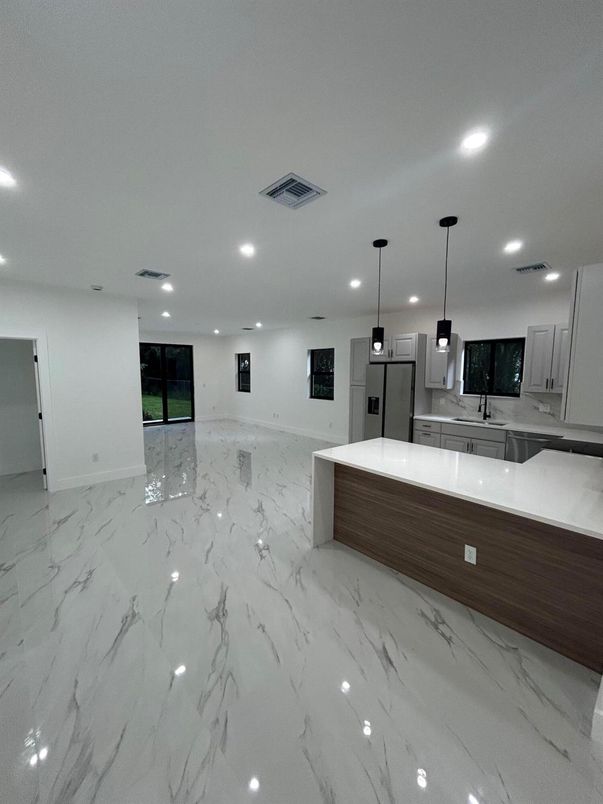 Interior, Kitchen, Marble, Pendant Lights, Recessed Lighting