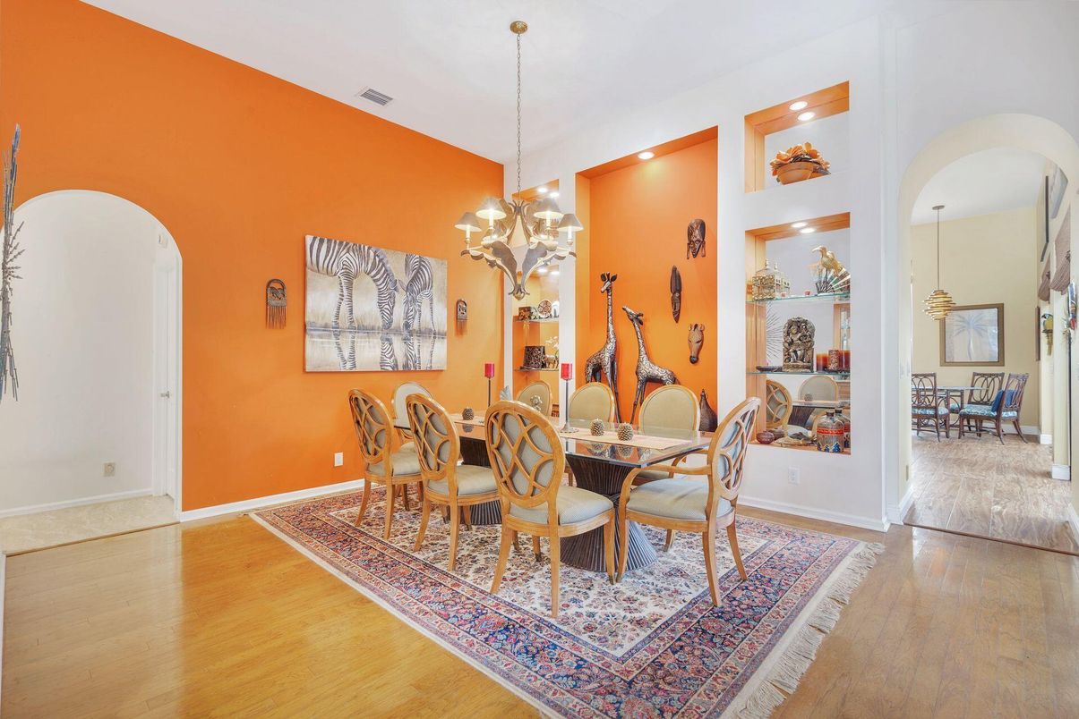 Chandelier, Dining room, Interior, Pendant Lights, Recessed Lighting, Wood Texture Flooring