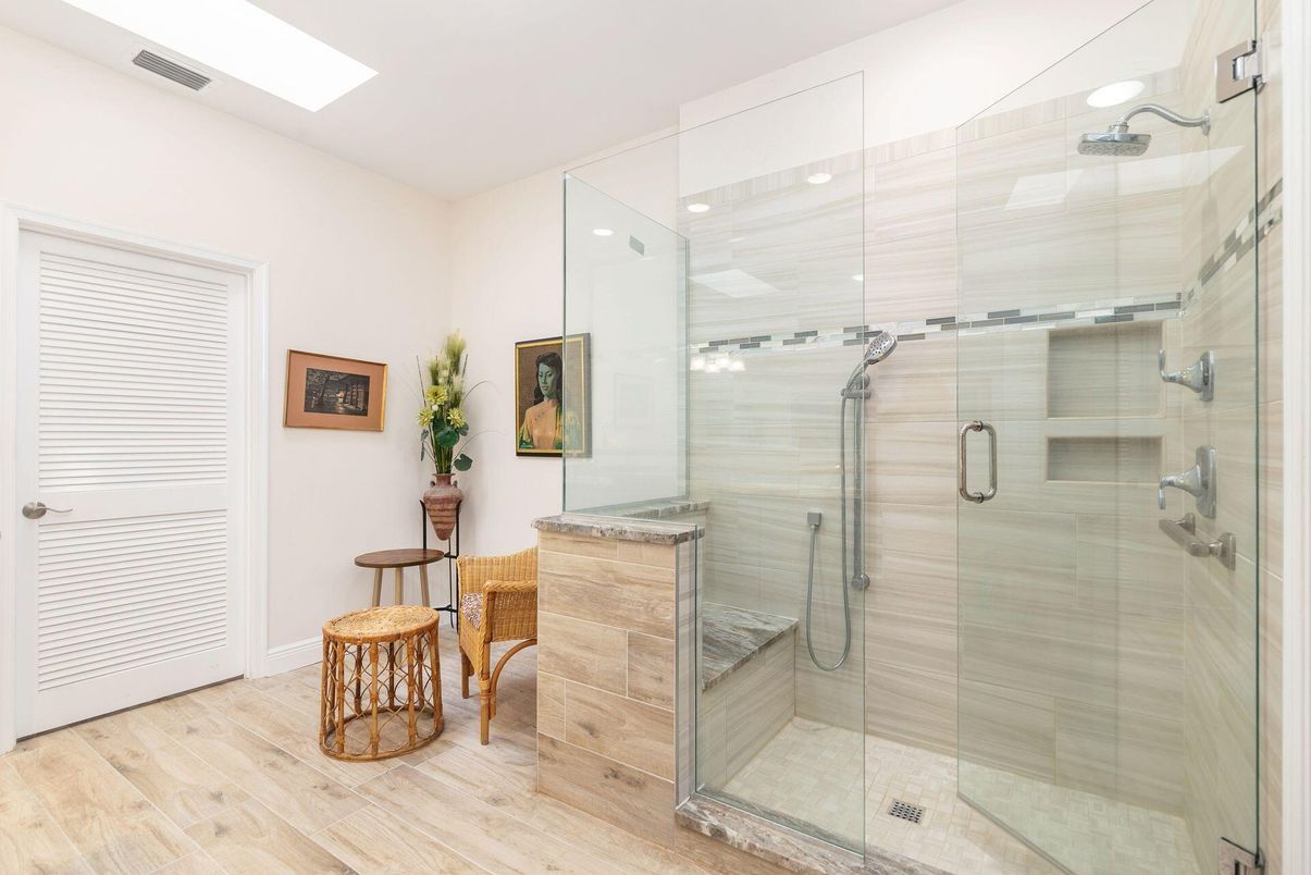 Bathroom, Glass Shower, Interior, Recessed Lighting, Wood Texture Flooring