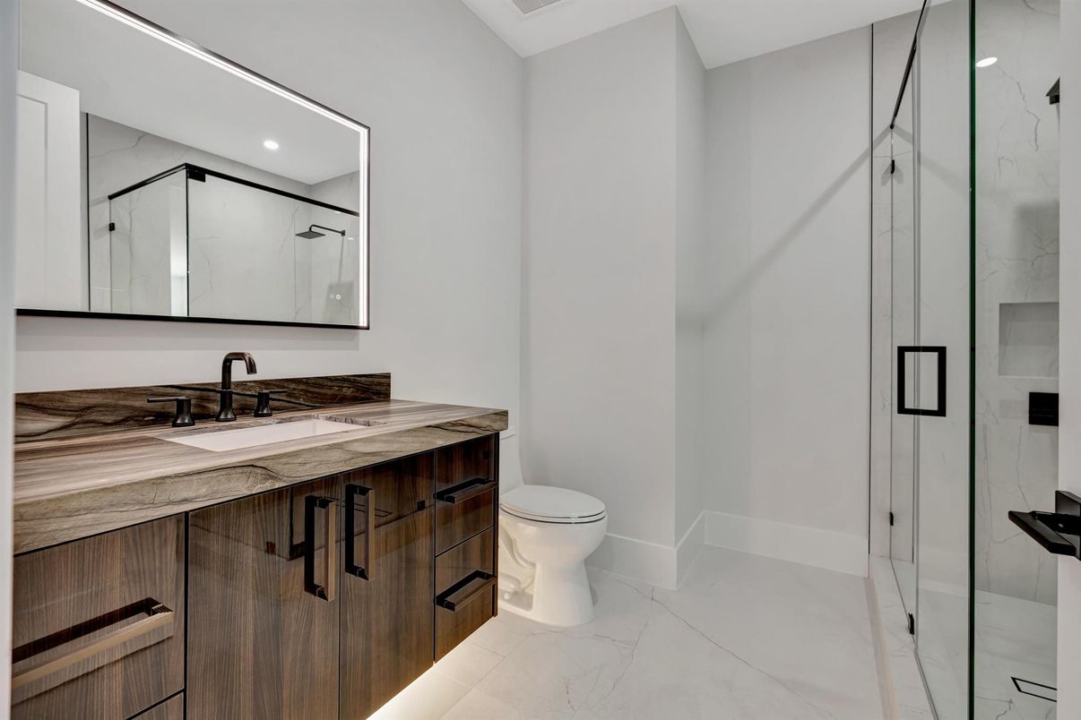Bathroom, Glass Shower, Interior, Marble, Marble Walls, Recessed Lighting