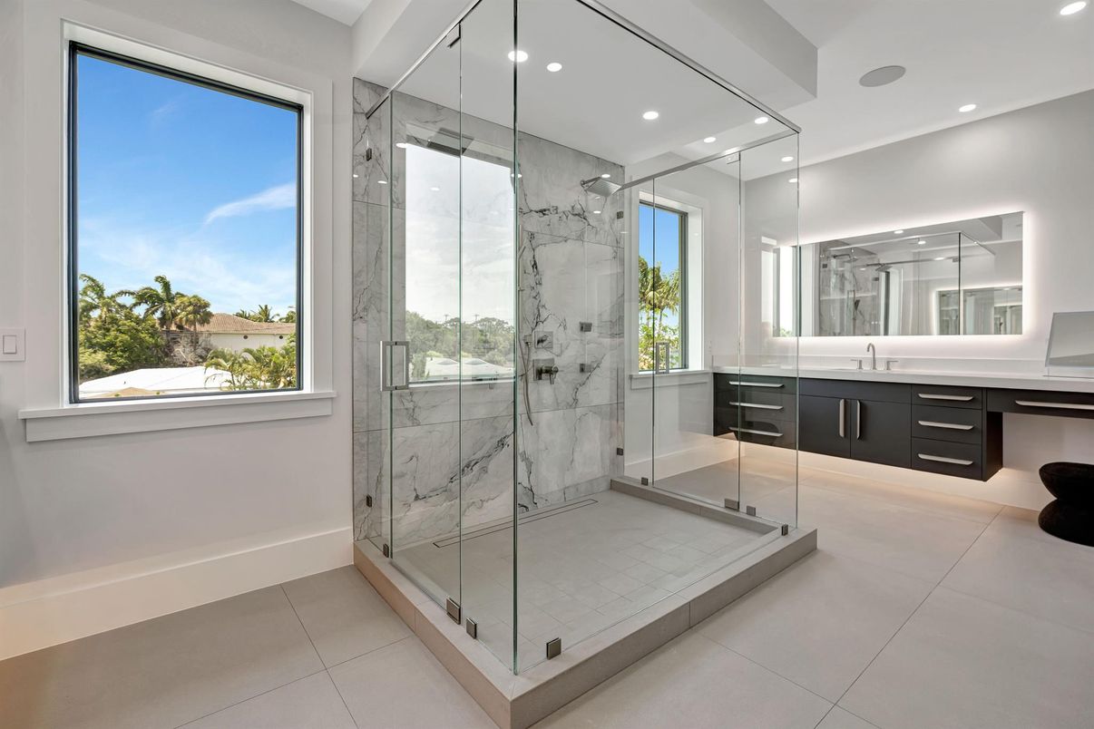 Bathroom, Dual Sink Vanities, Glass Shower, Interior, Marble Walls, Recessed Lighting