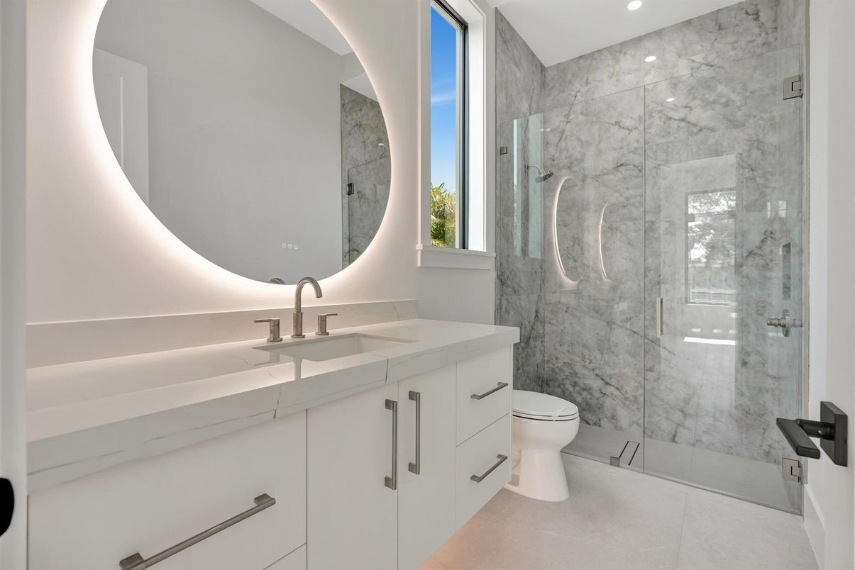 Bathroom, Glass Shower, Interior, Marble Walls, Recessed Lighting