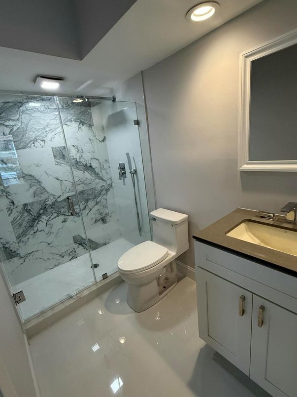 Bathroom, Glass Shower, Interior, Marble Walls, Recessed Lighting