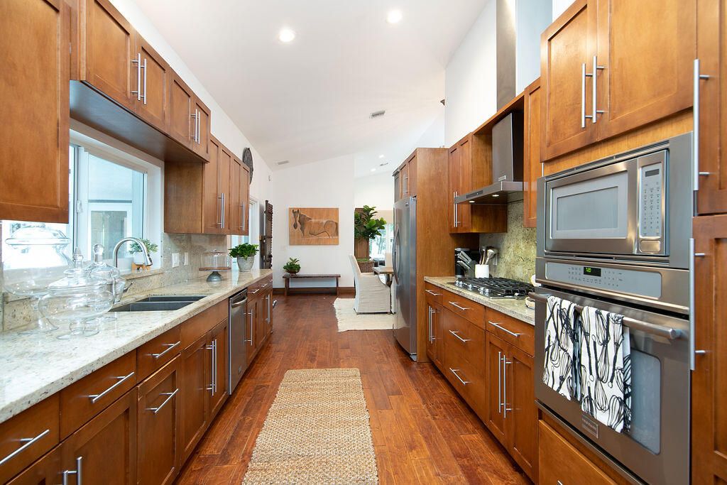 Interior, Kitchen, Recessed Lighting, Stainless Steel Appliances, Wood Texture Flooring