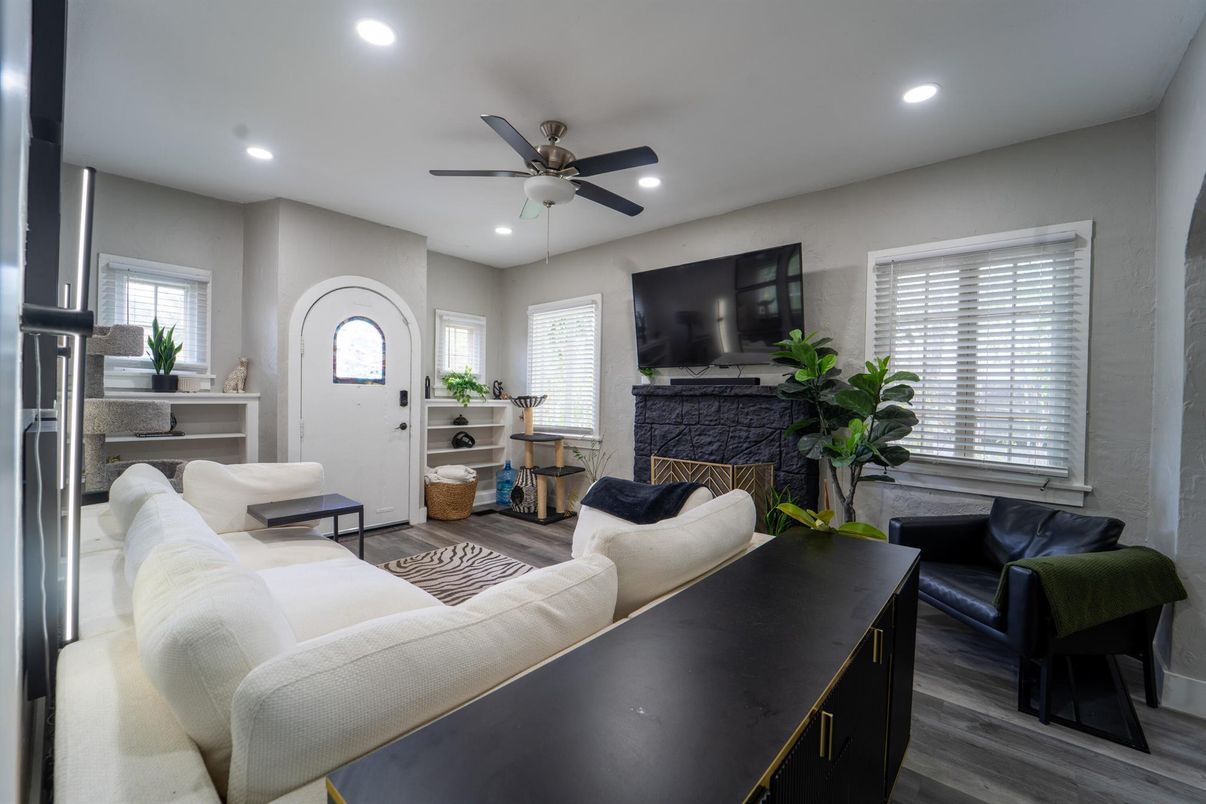 Fireplace, Interior, Living room, Recessed Lighting, Wood Texture Flooring