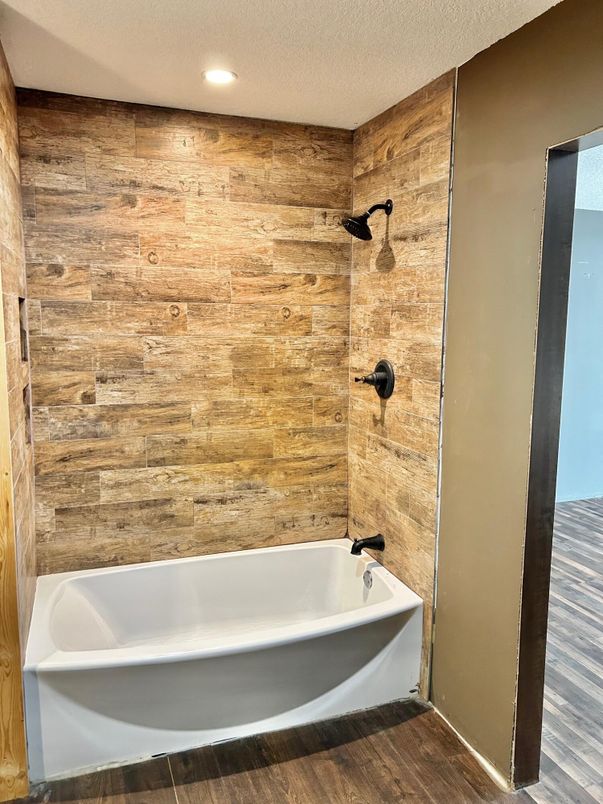 Bathroom, Interior, Recessed Lighting, Wood Texture Flooring, Wooden Walls