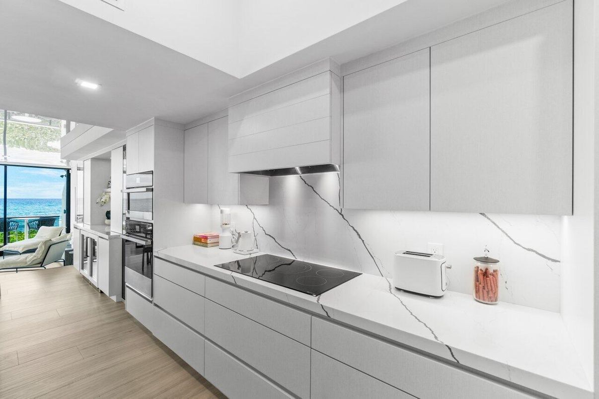 Interior, Kitchen, Recessed Lighting, Stainless Steel Appliances, Water, Wood Texture Flooring