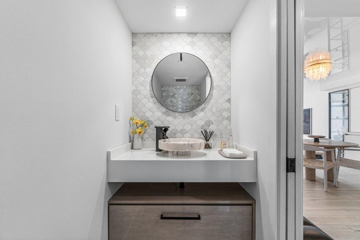 Bathroom, Chandelier, Dual Sink Vanities, Interior, Recessed Lighting, Wood Texture Flooring