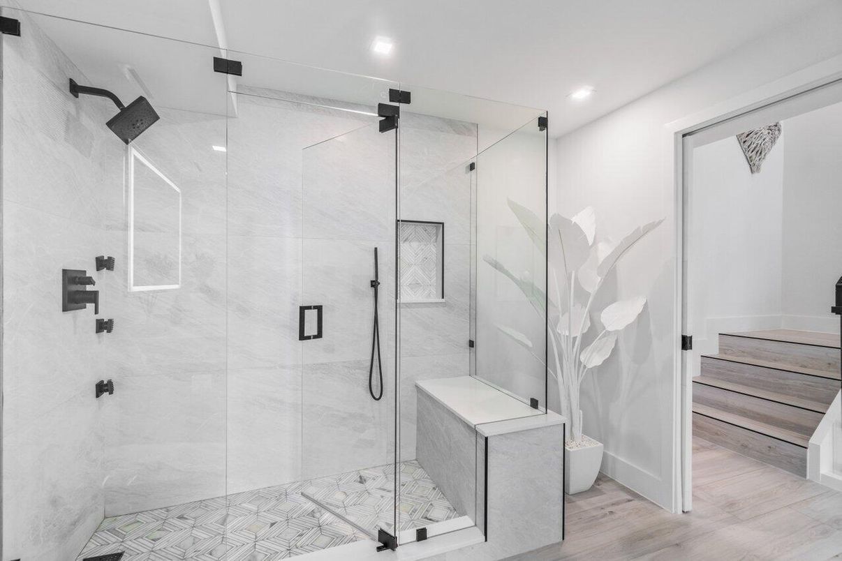 Bathroom, Glass Shower, Interior, Recessed Lighting, Wood Texture Flooring