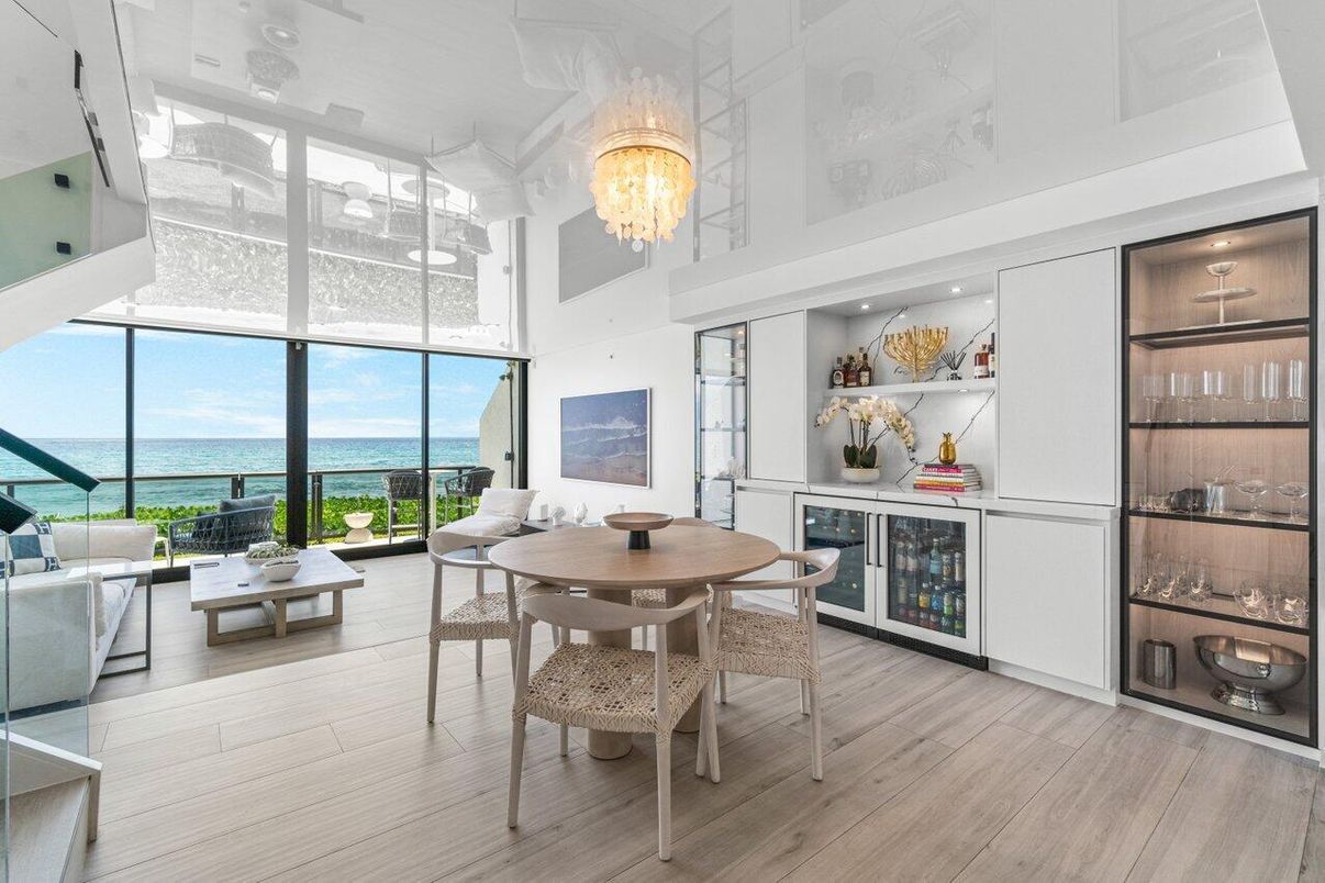 Chandelier, Dining room, Interior, Recessed Lighting, Water, Wood Texture Flooring